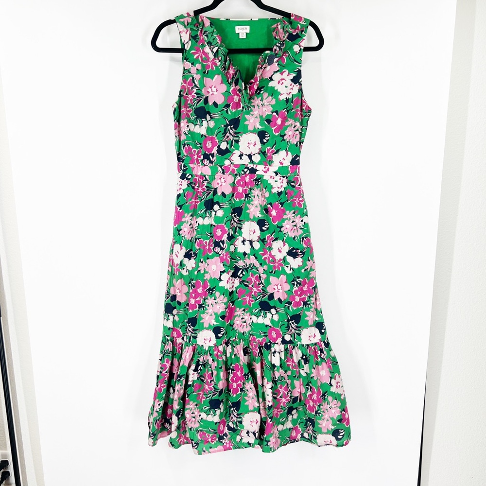 J. Crew Factory Printed V-Neck Ruffle Midi Dress Green Floral